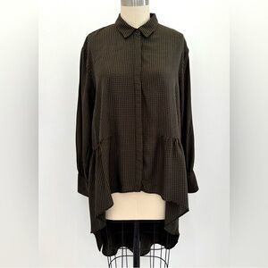 Zara Trafaluc Hi-Lo Blouse Black & Olive Gingham Long Sleeve Hidden Placket L